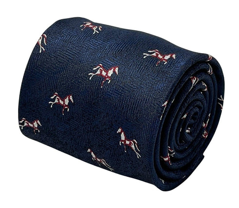 navy dark blue herringbone mens tie with thoroughbred horse design
